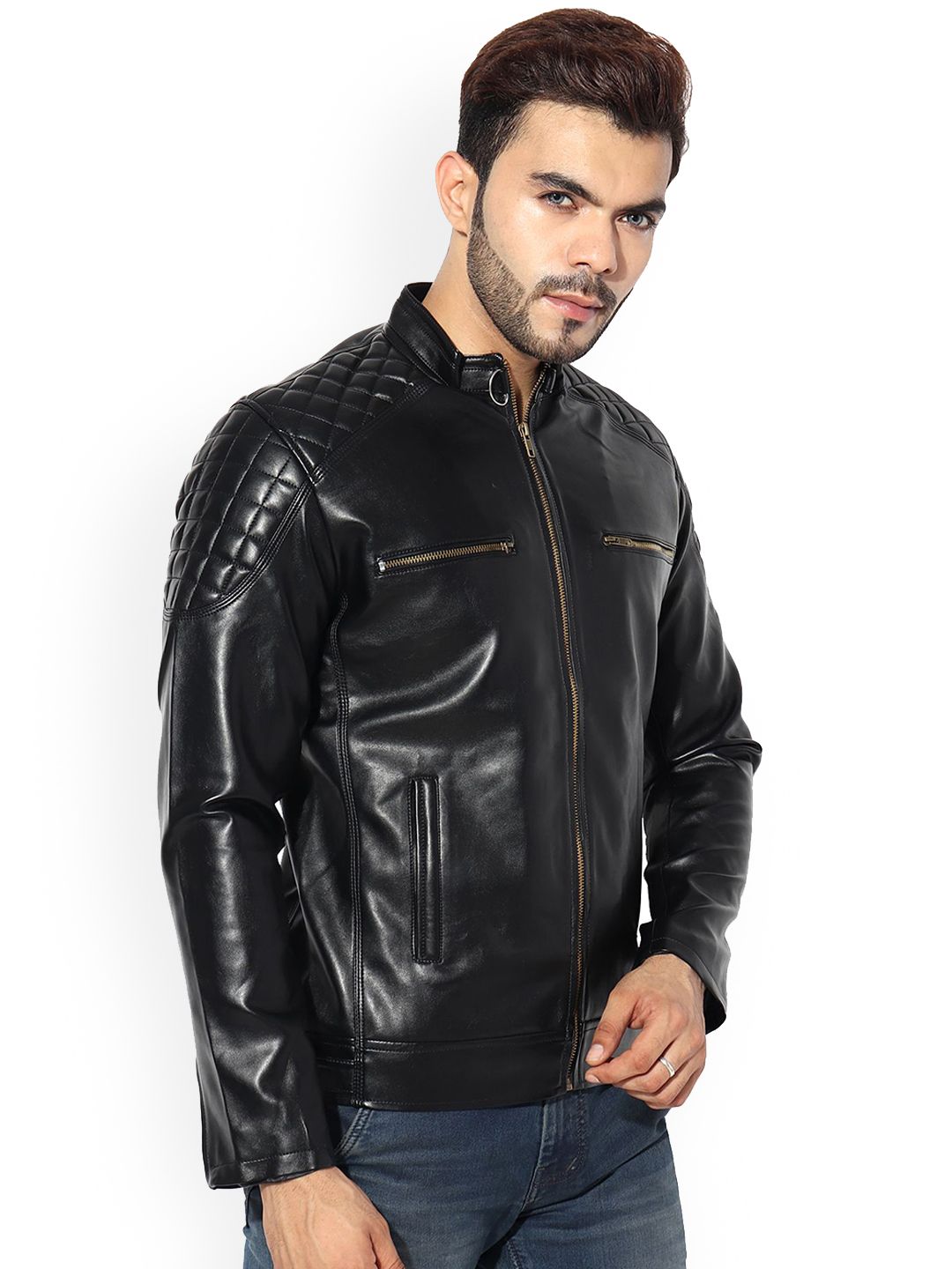 GARMADIAN Stand Collar Lightweight Leather Biker Jacket