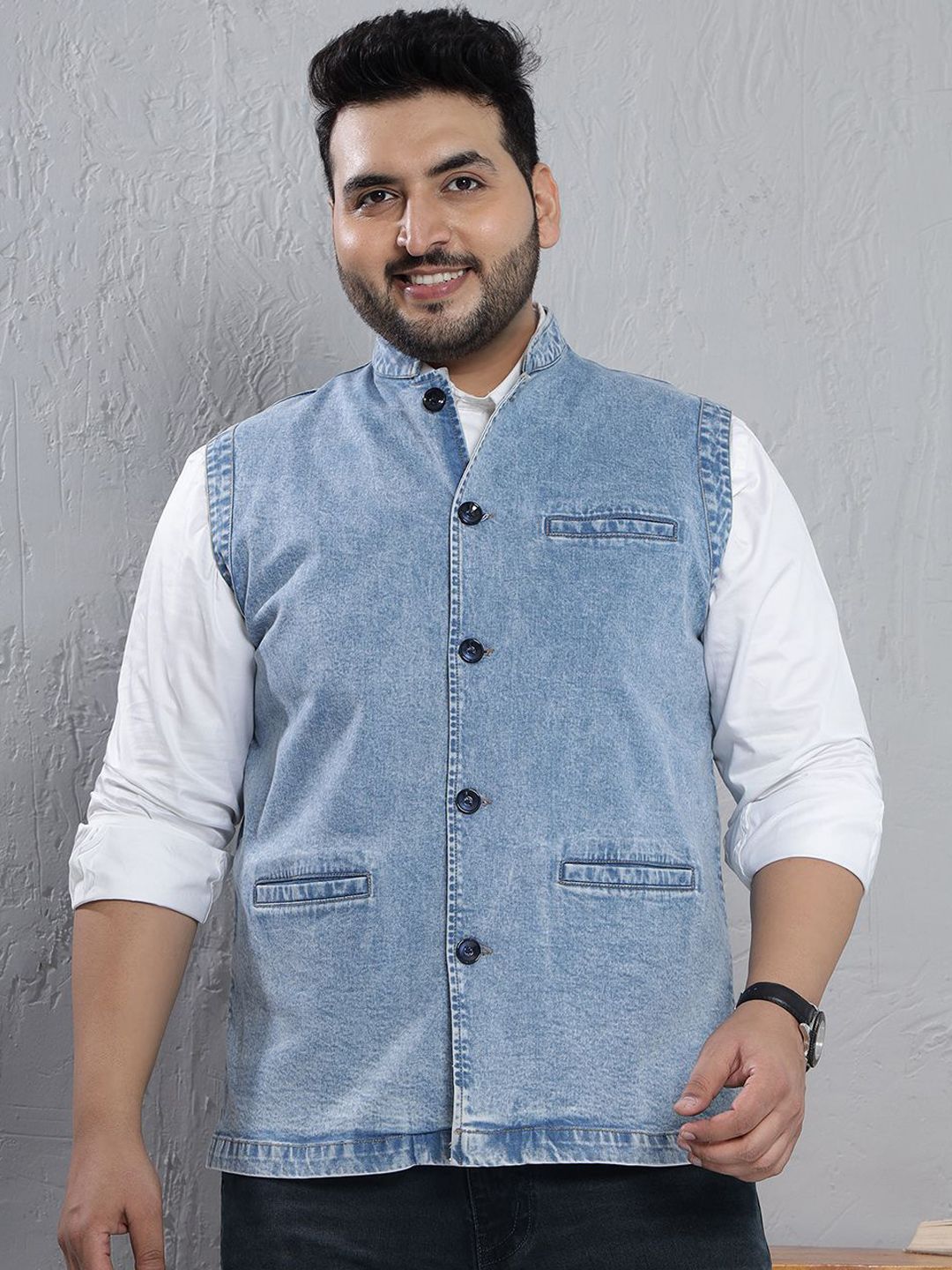 John Pride Plus Size Mandarin-Neck Denim Nehru Jacket