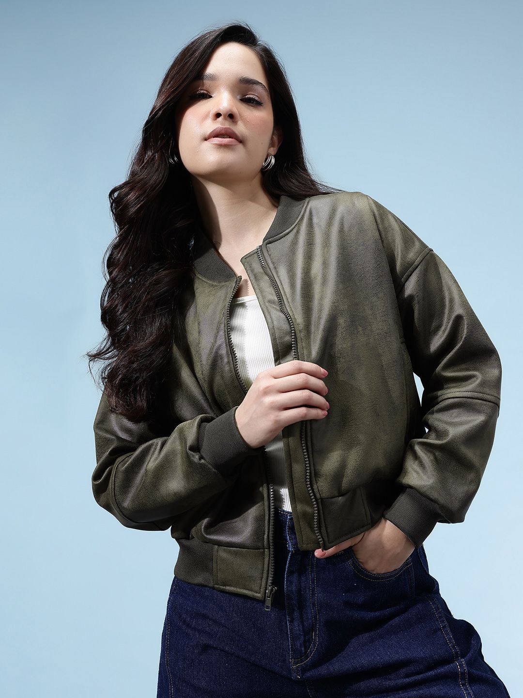 Buy glitchez Faux Leather Trim Stand Collar Drop-Sleeves Relaxed