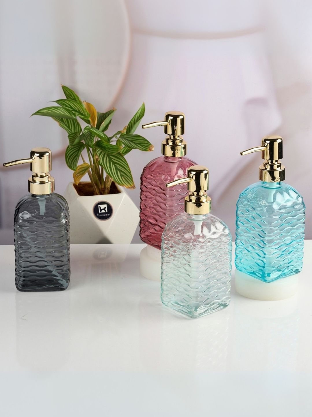 Kookee Pink & Blue 4 Pieces Textured Glass Soap Dispensers-400ml Each