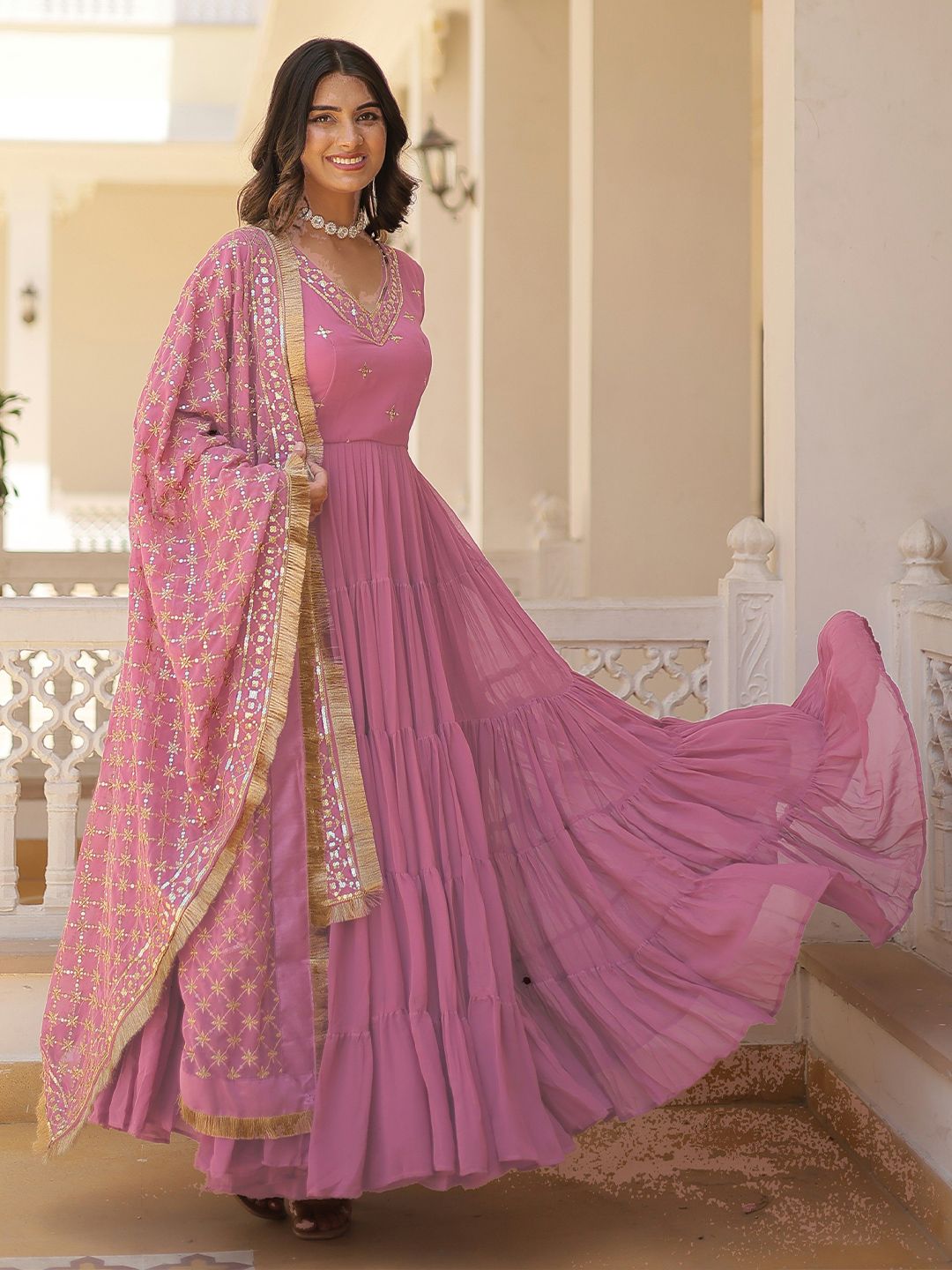 GLOSIA DESIGN Floral Embroidered Thread Work Ethnic Dress With Dupatta