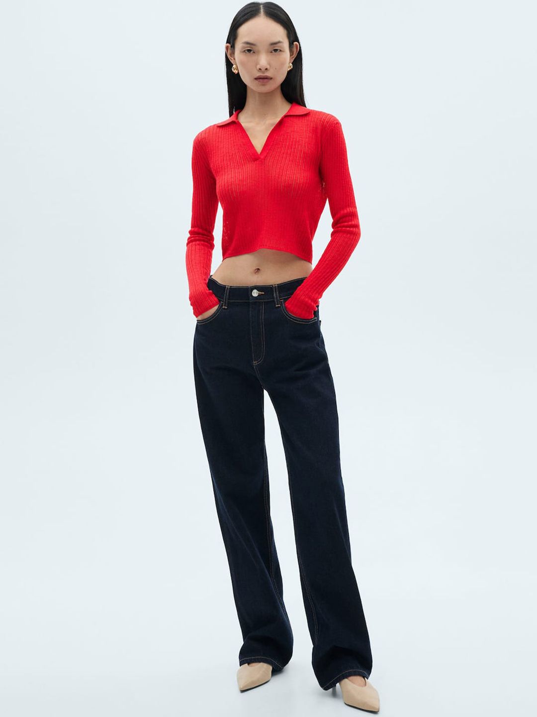 Self-Striped Polo Neck Cropped T-shirt