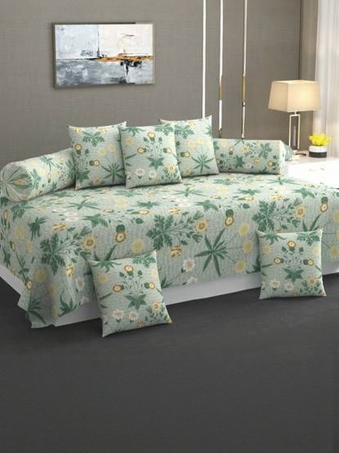 AMRANGE Set of 8 Polycotton Floral Printed Diwan Set