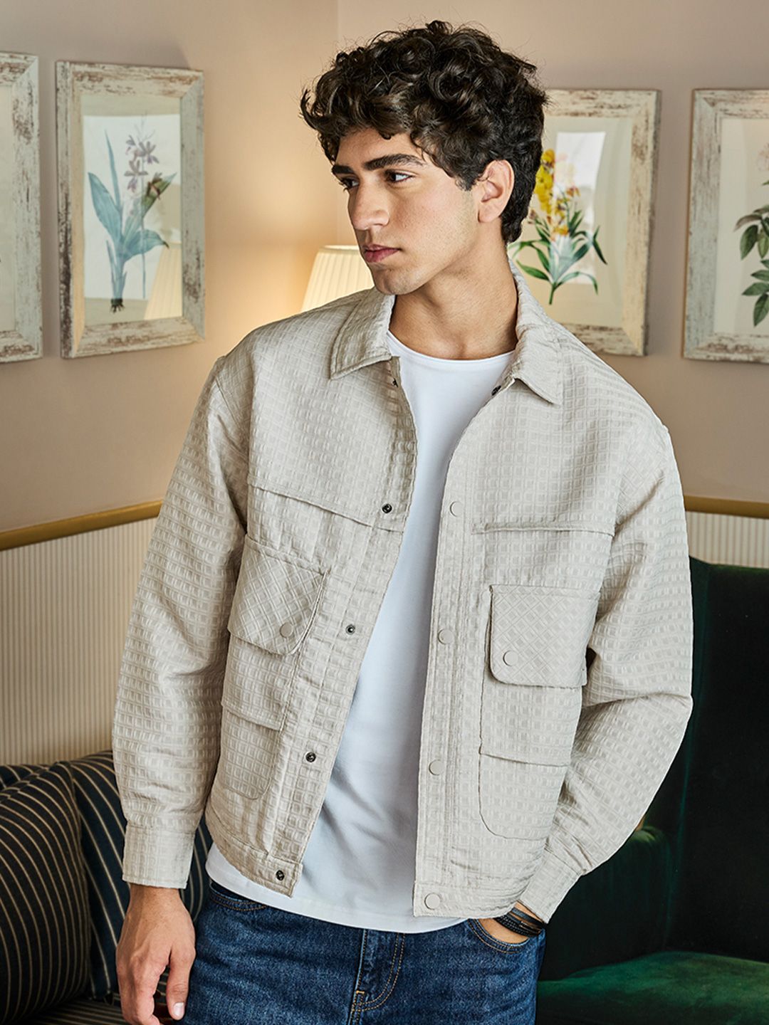 Snitch Beige Men Self Design Lightweight Tailored Jacket