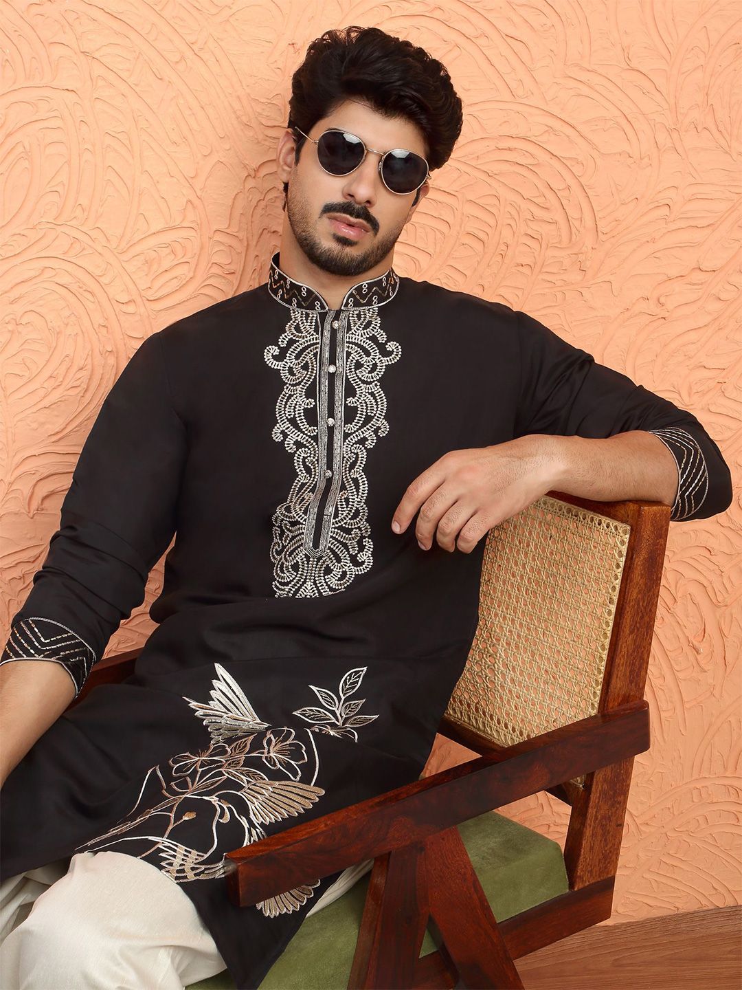 KRAFT INDIA LUXE Floral Embroidered Mandarin Collar Thread Work Cotton Silk Straight Kurta