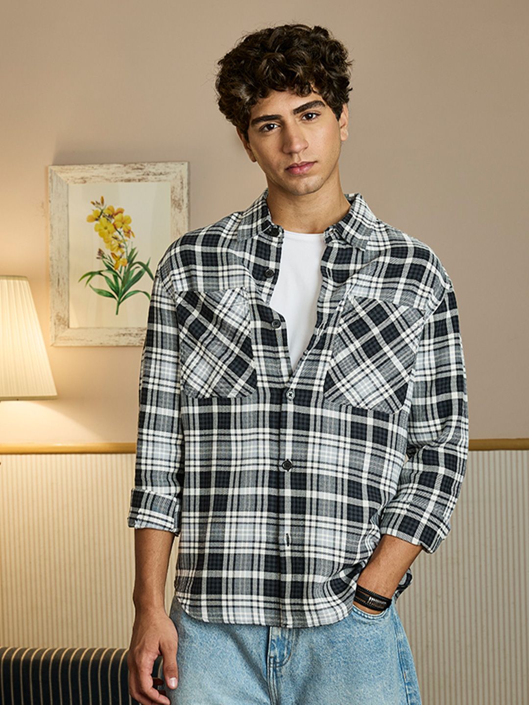 Snitch Men Spread Collar Checked Cotton Casual Tailored Jacket
