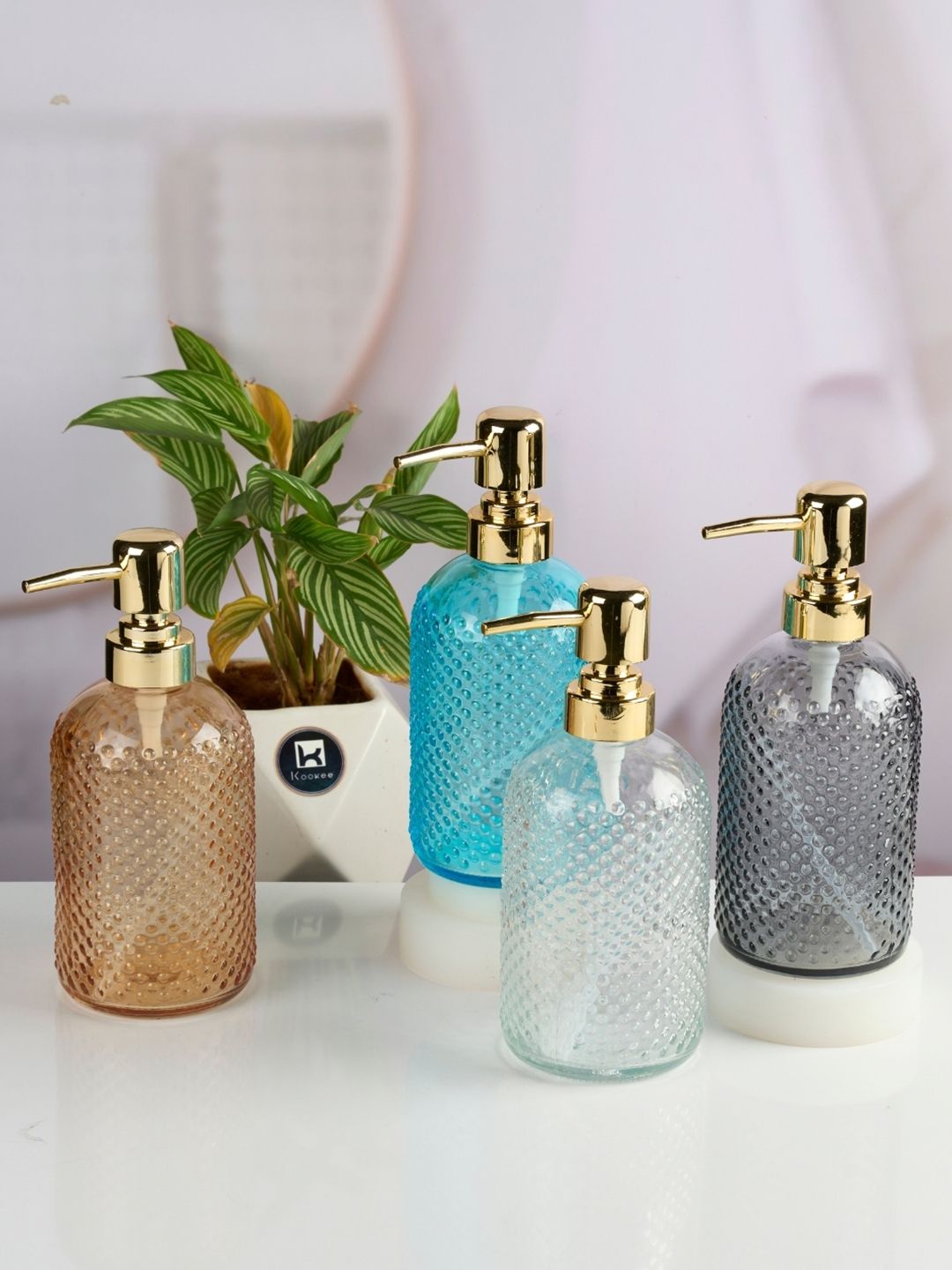 Kookee Blue & Grey 4 Pieces Textured Glass Soap Dispensers 400 ml