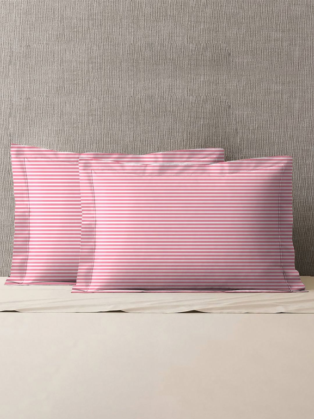 MYTRIDENT MYTRIDENT Urban Comfort Pink & White 2 Pieces Striped Pure Cotton Rectangle Pillow Covers