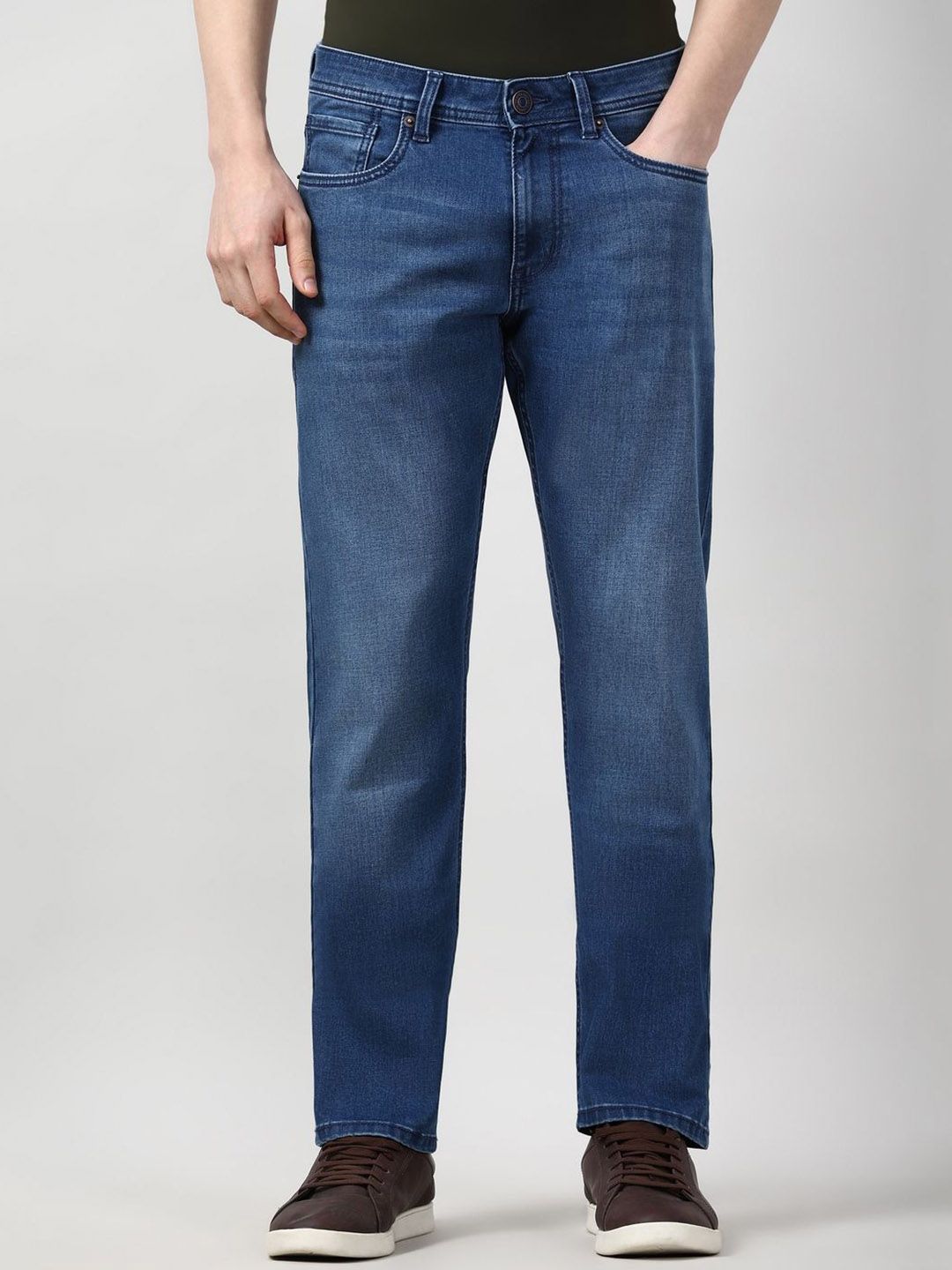 Peter England Casuals Men Cotton Blue Slim Fit Mid-Rise Mildly Distressed Light Fade Jeans