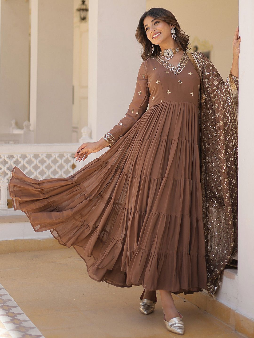 GLOSIA DESIGN Floral Embroidered Thread Work Ethnic Dress With Dupatta