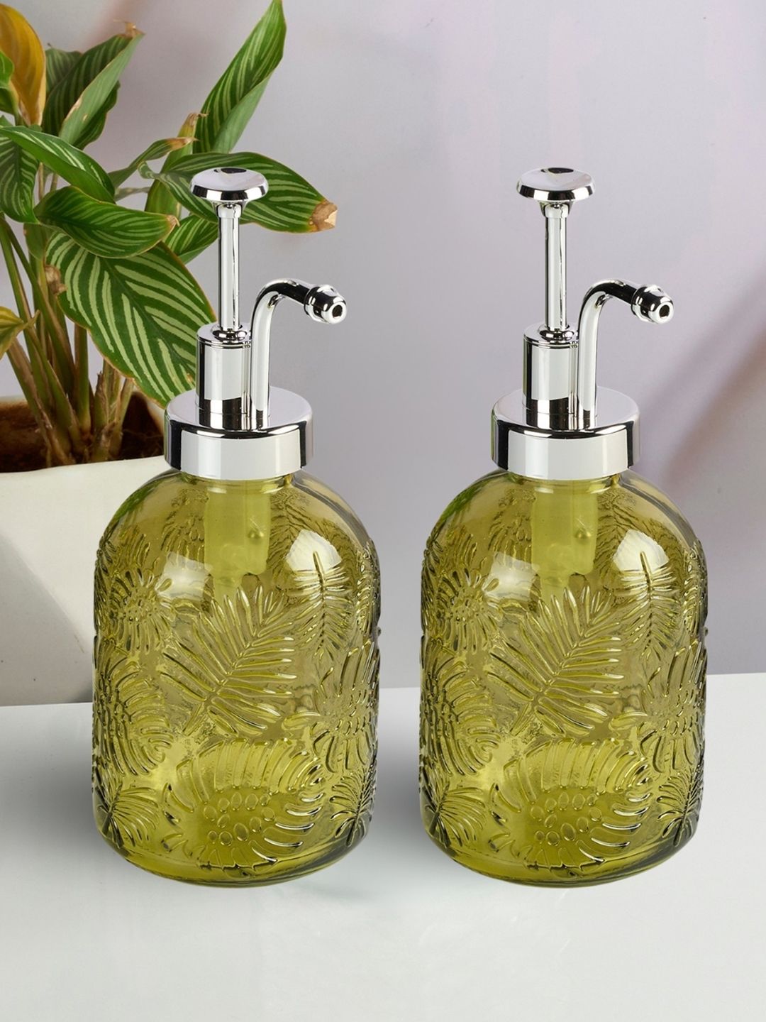 Kookee Green 2 Pieces Textured Glass Soap Dispenser