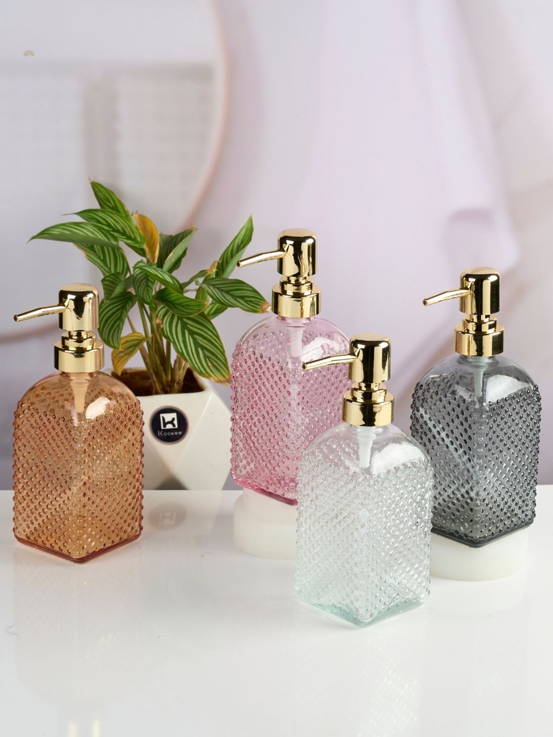 Kookee Pink & Green 4 Pieces Textured Glass Soap Dispensers-400ml Each