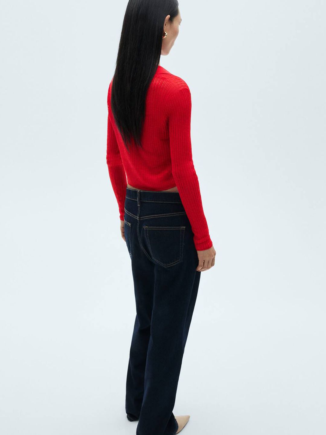Self-Striped Polo Neck Cropped T-shirt