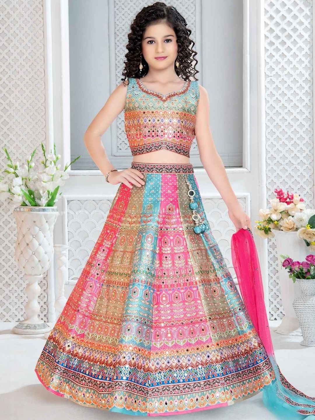 KL9KIDS Girls Embellished Mirror Work Ready to Wear Lehenga & Blouse With Dupatta