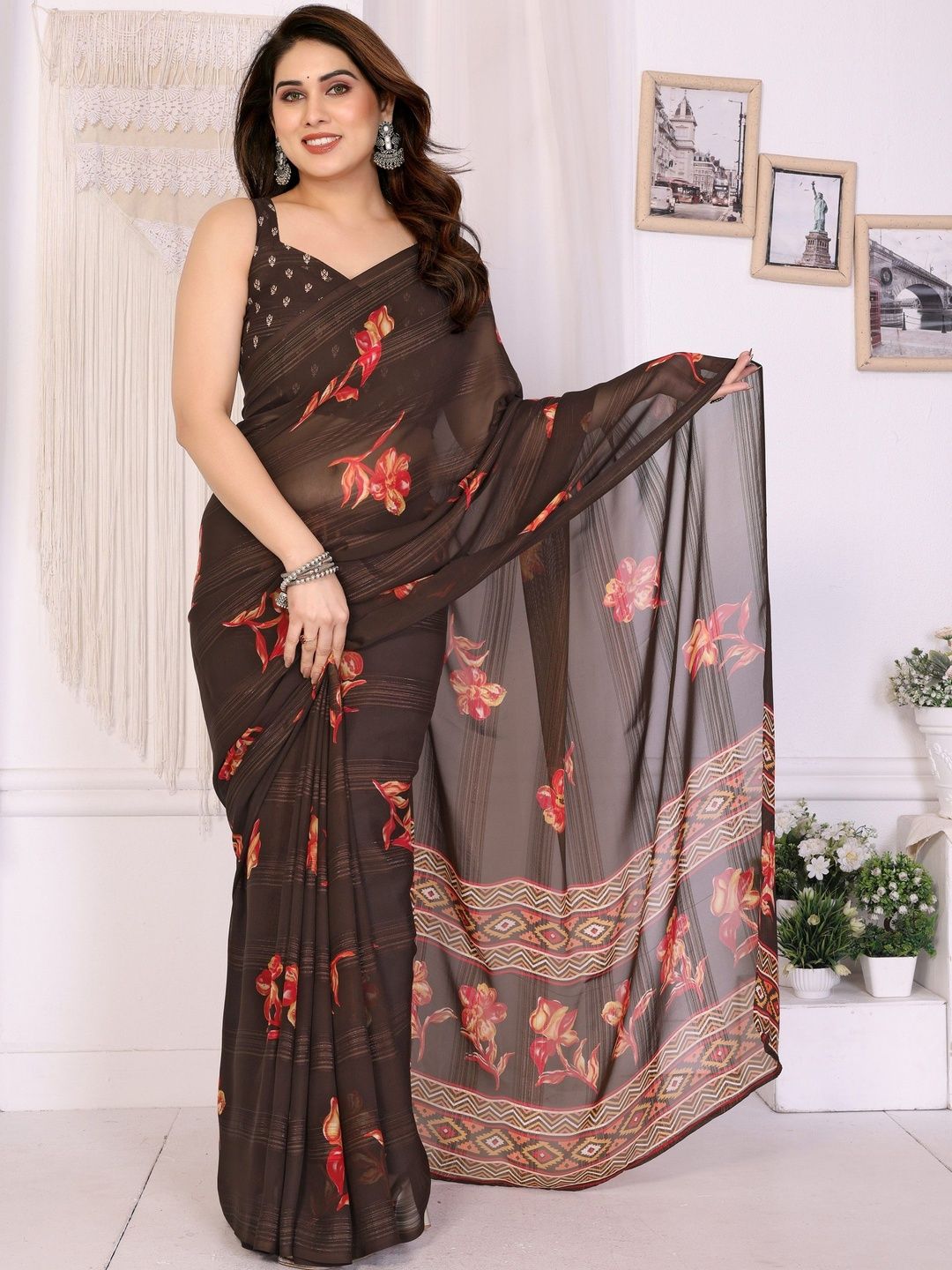 SUPERLAXMI SUPERLAXMI Floral Printed Pure Chiffon Saree With Blouse Piece