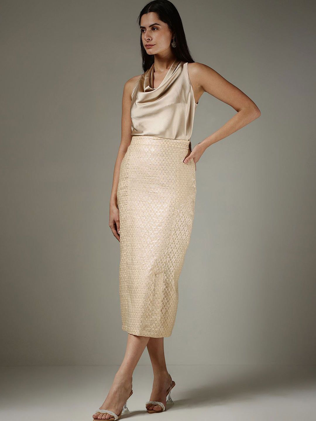 FableStreet Woven Designed High-Rise Pencil Midi Skirt