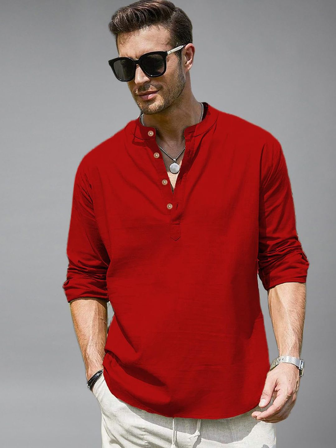univibe Men Solid Mandarin Collar Kurta