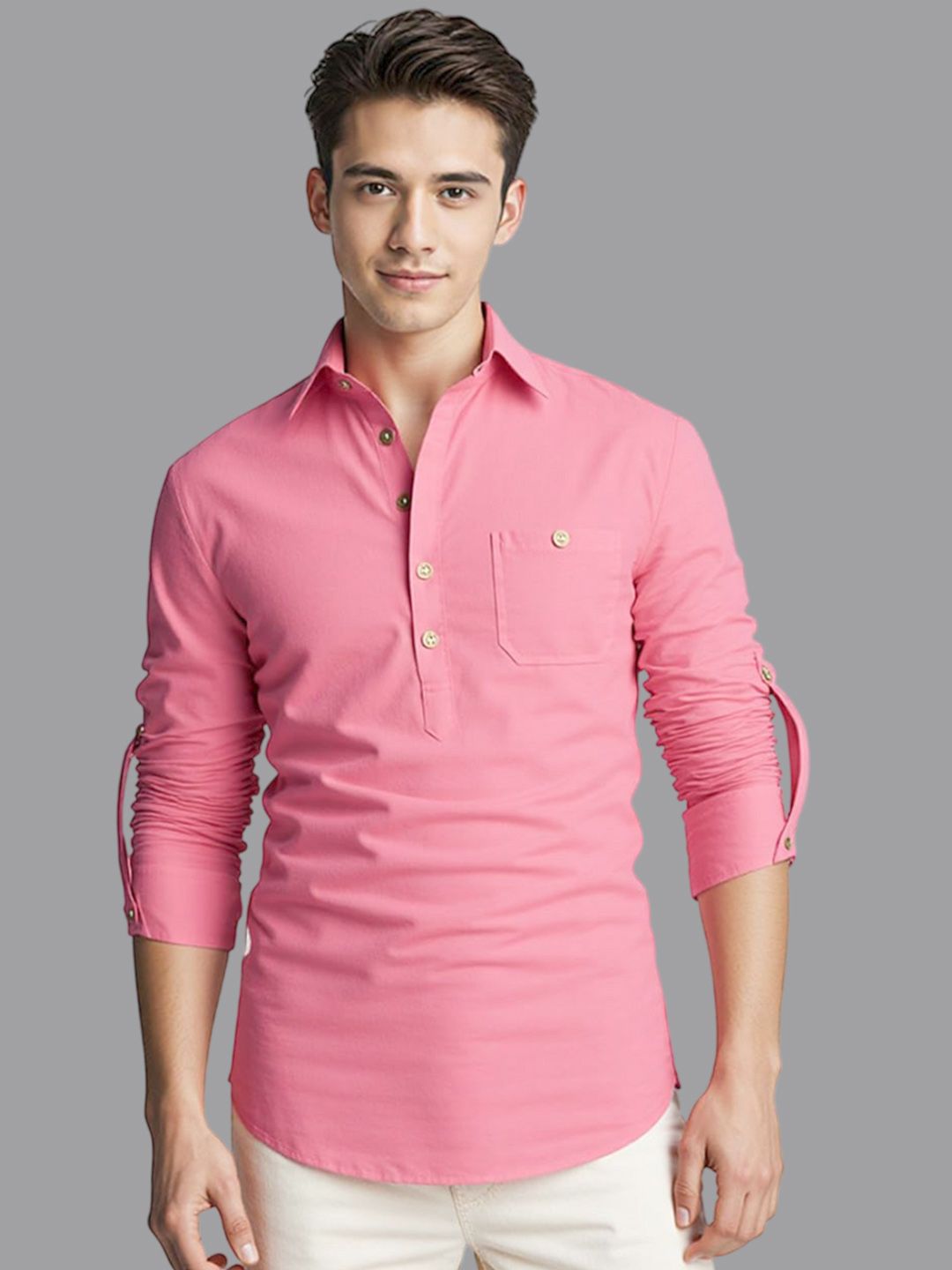 univibe Men Solid Mandarin Collar Full Sleeve Above Knee Kurta