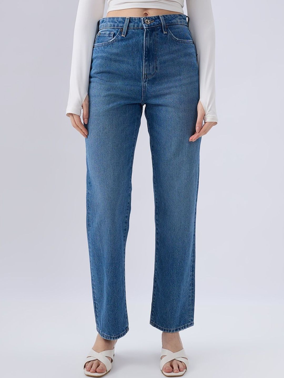 SPYKAR SPYKAR Women Straight Fit High-Rise Low Distress Light Fade Jeans