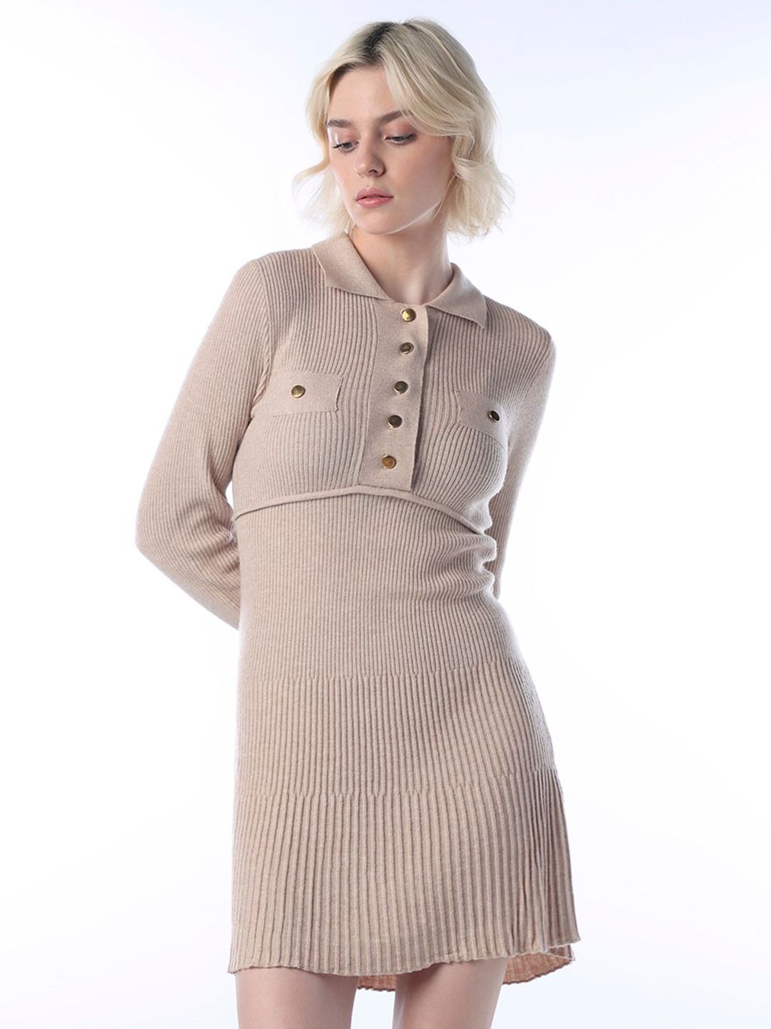 Solid Self Design Polo Collar Sheath Mini Dress