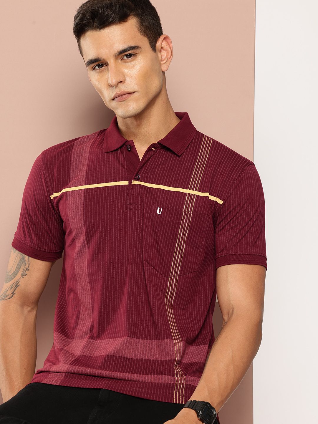 UNIBERRY Striped Polo Collar T-shirt