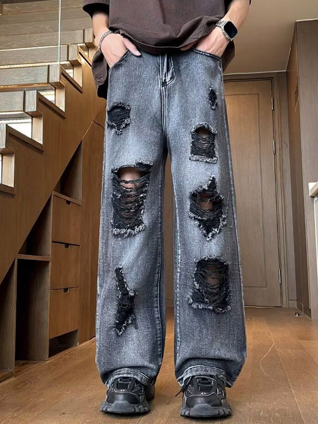 StyleCast x Revolte Men Baggy Mid-Rise Mildly Distressed Light Fade Jeans