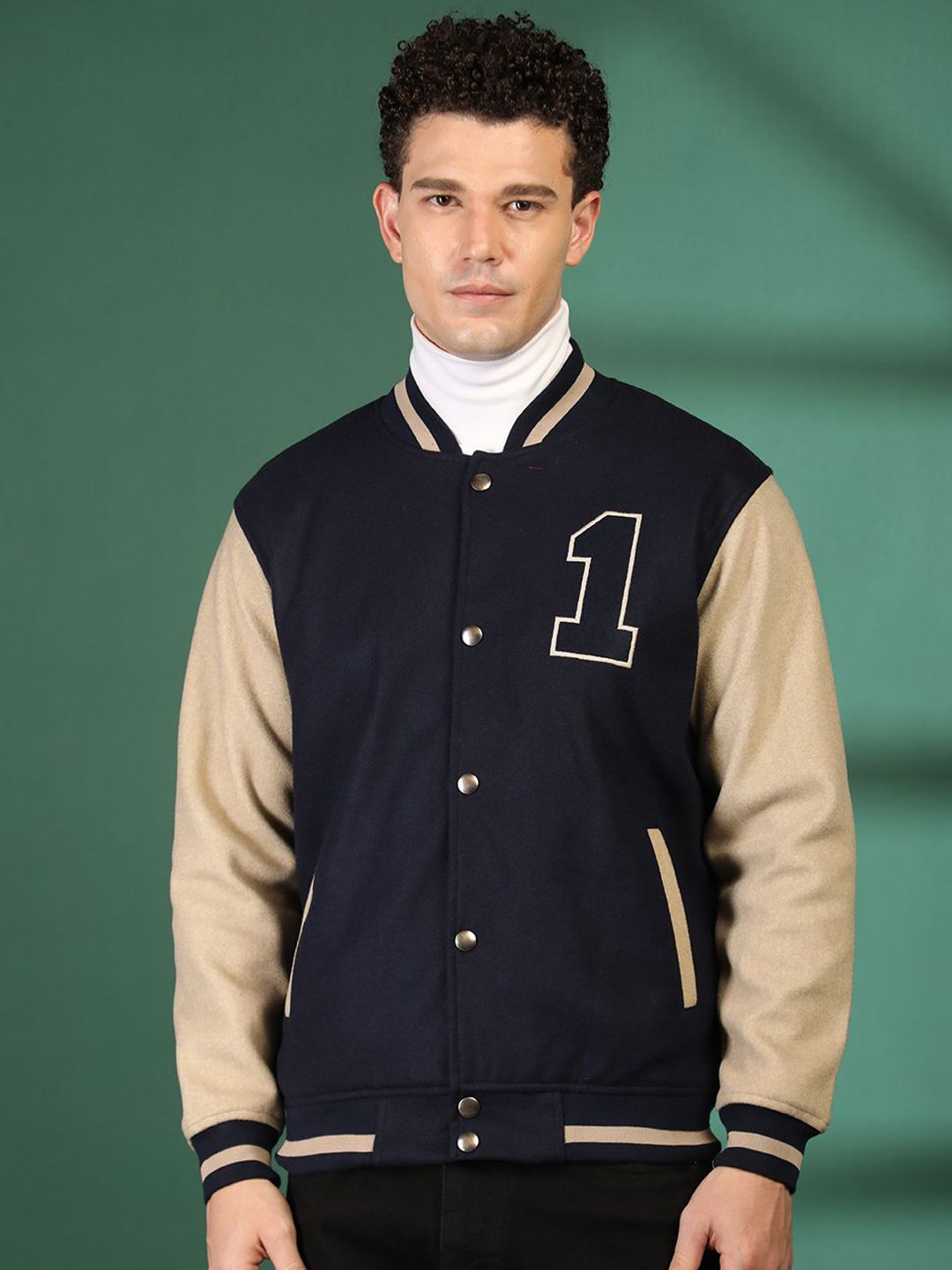 Mast & Harbour Men Mock Collar Typography Printed Lightweight Varsity Jacket