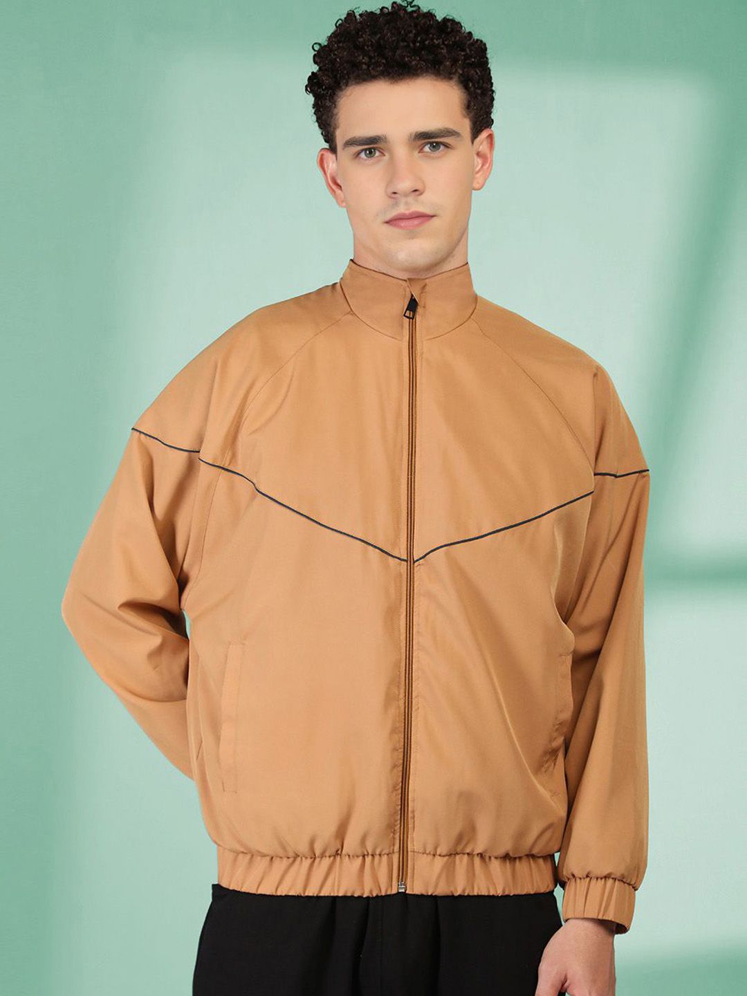 Mast & Harbour Men Stand Collar Solid Windcheater Tailored Jacket