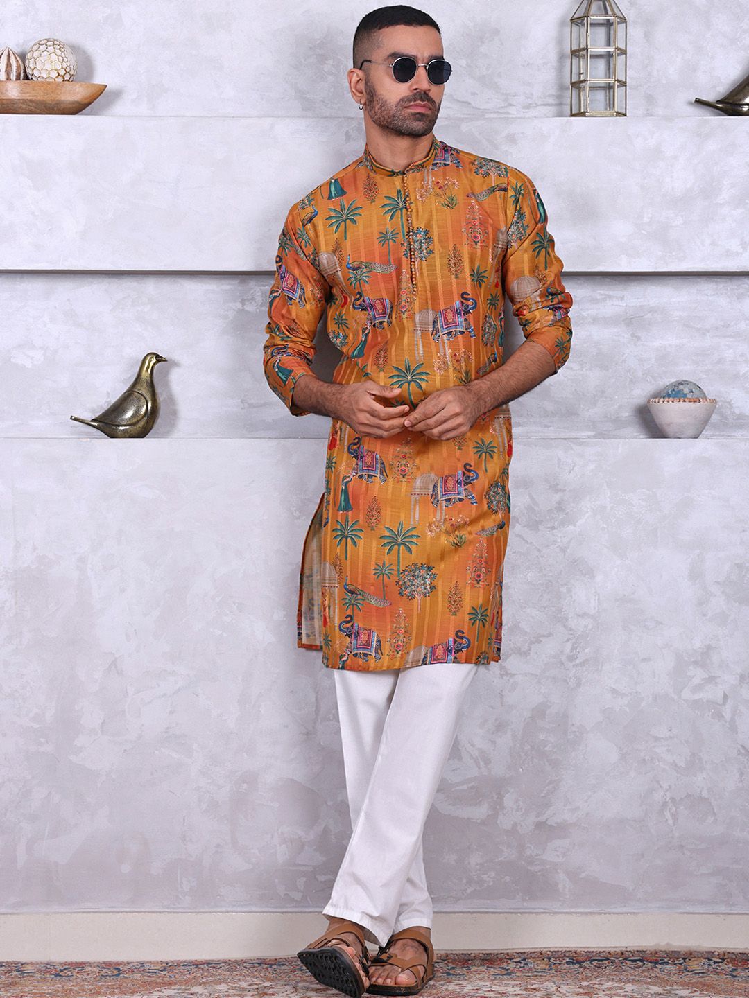 MANQ Men Ethnic Motifs Printed Mirror Work Kurta