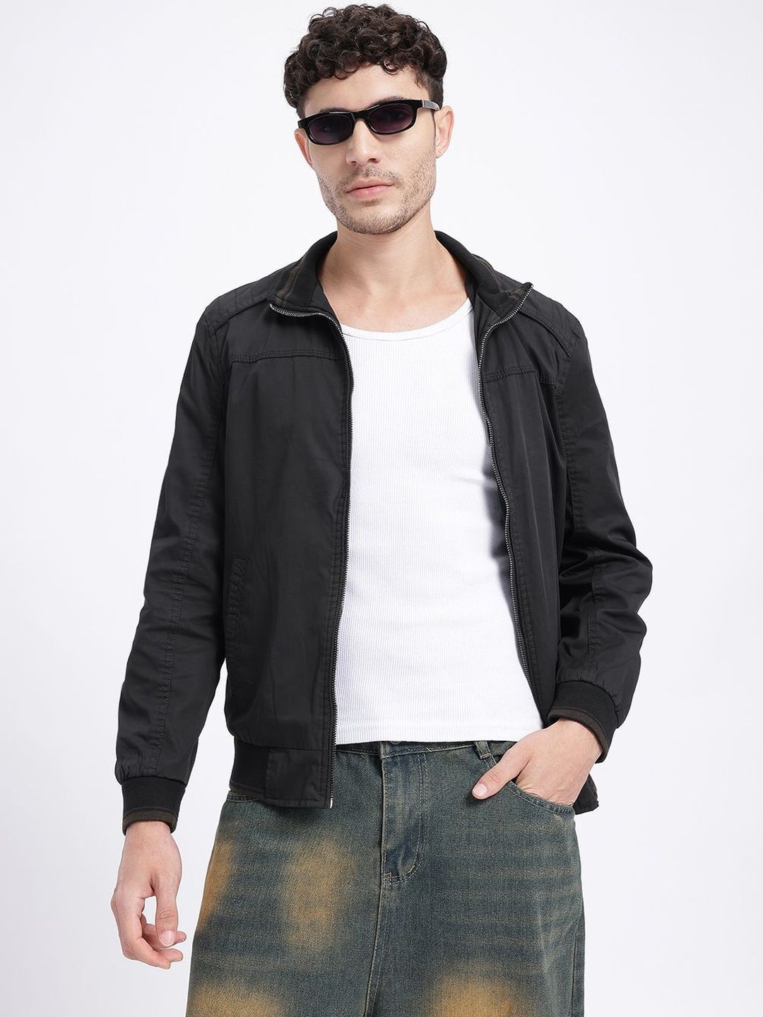 HERE&NOW Men Black Solid Mock Collar Tailored Jacket
