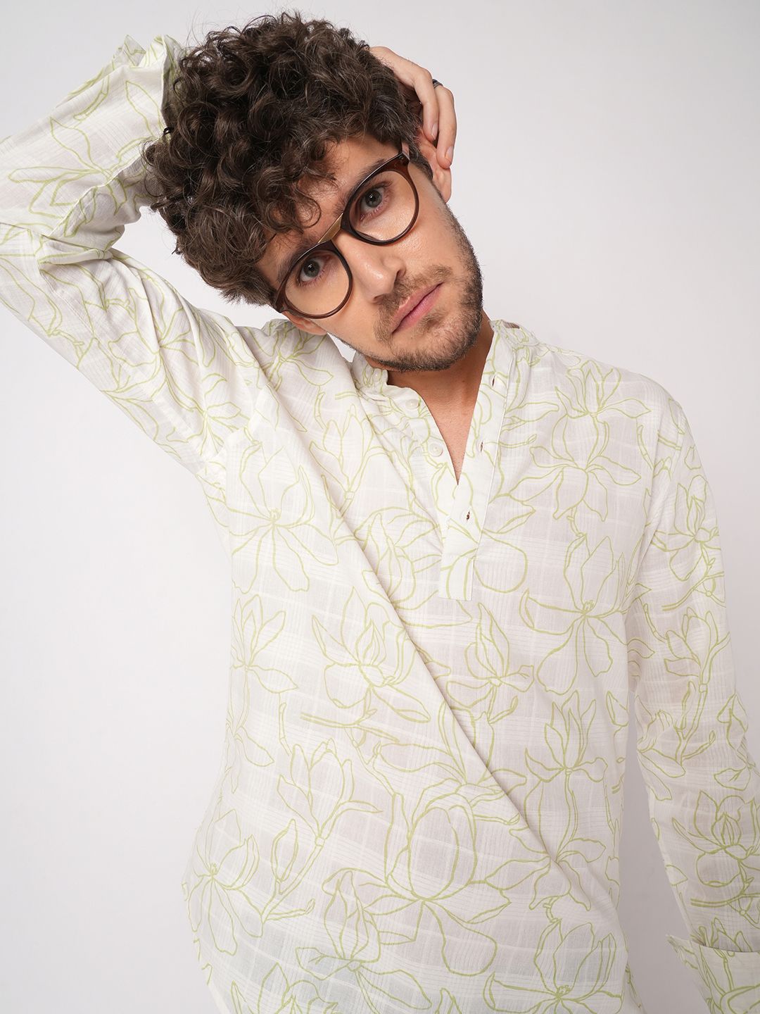 VASTRADO White Wildflower Printed Band Collar Cotton Straight Kurta