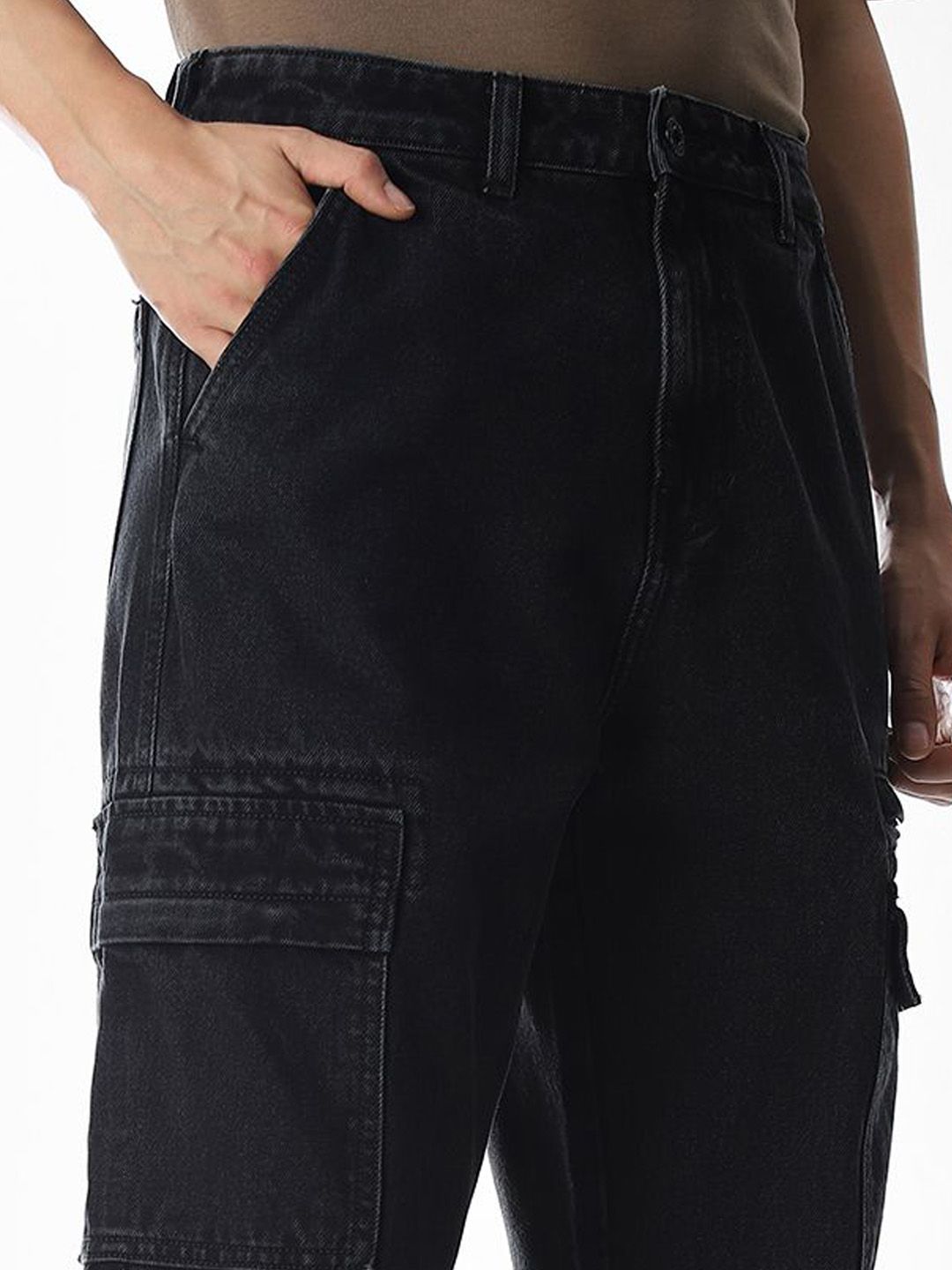 Cotton Denim High-Rise Cargo Jeans