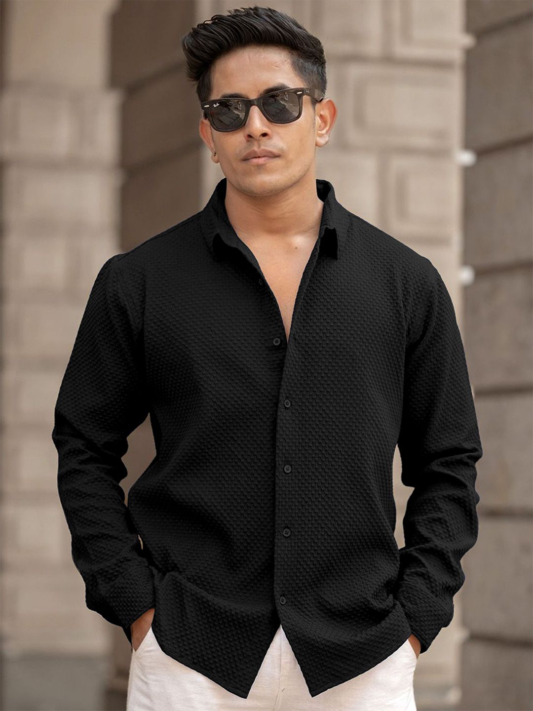 WEBRIC Men Standard Fit Textured Spread Collar Cotton Casual Shirt