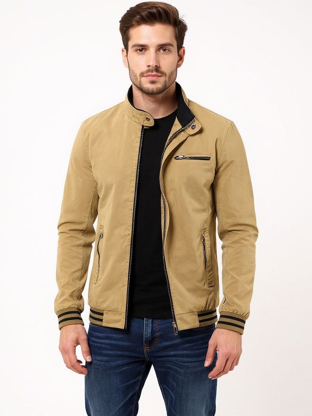HERE&NOW Men Brown Mandarin Collar Insulator Polyester Tailored Jacket