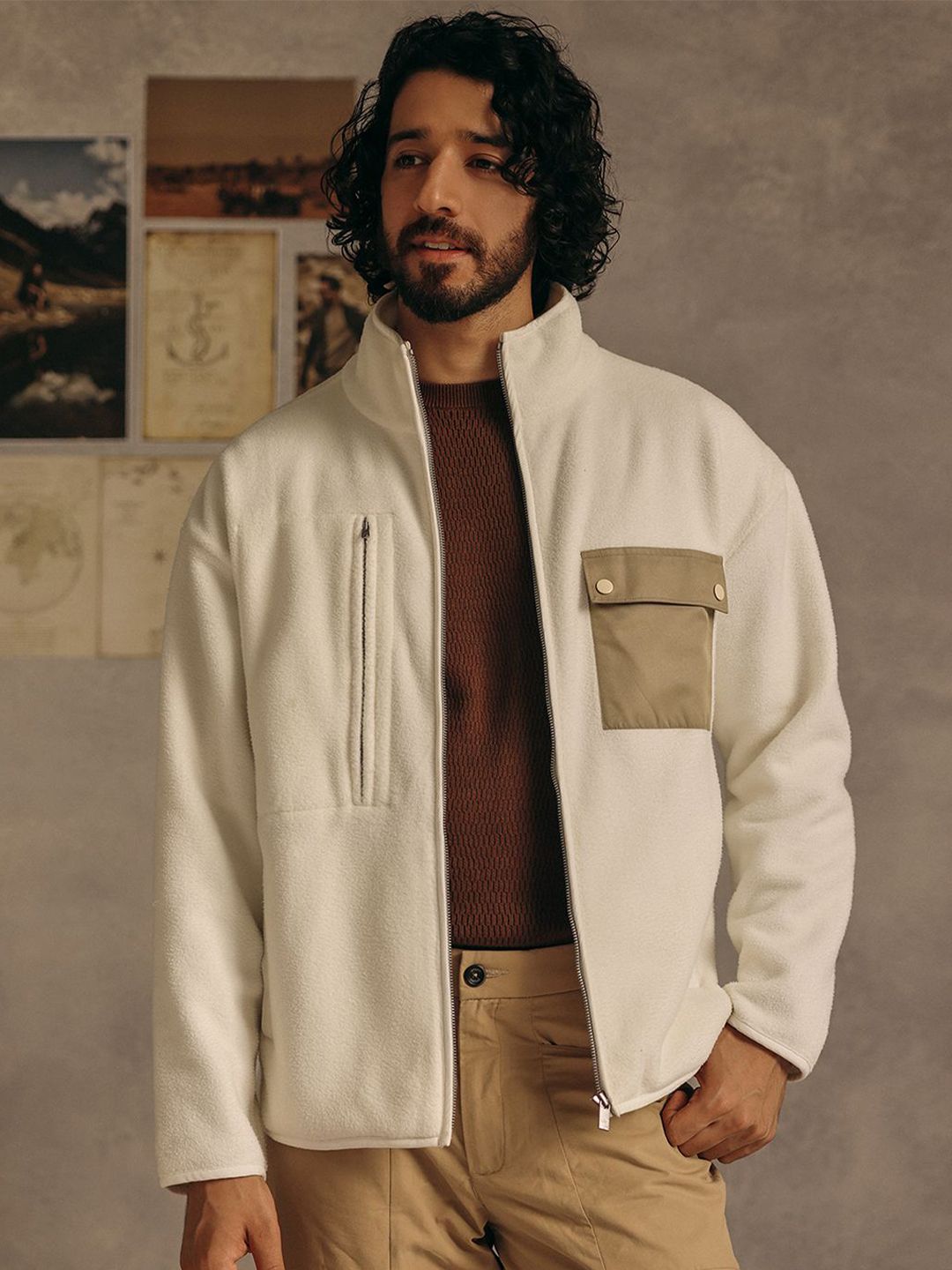 Andamen Men Stand Collar Solid Cotton Sherpa Jacket