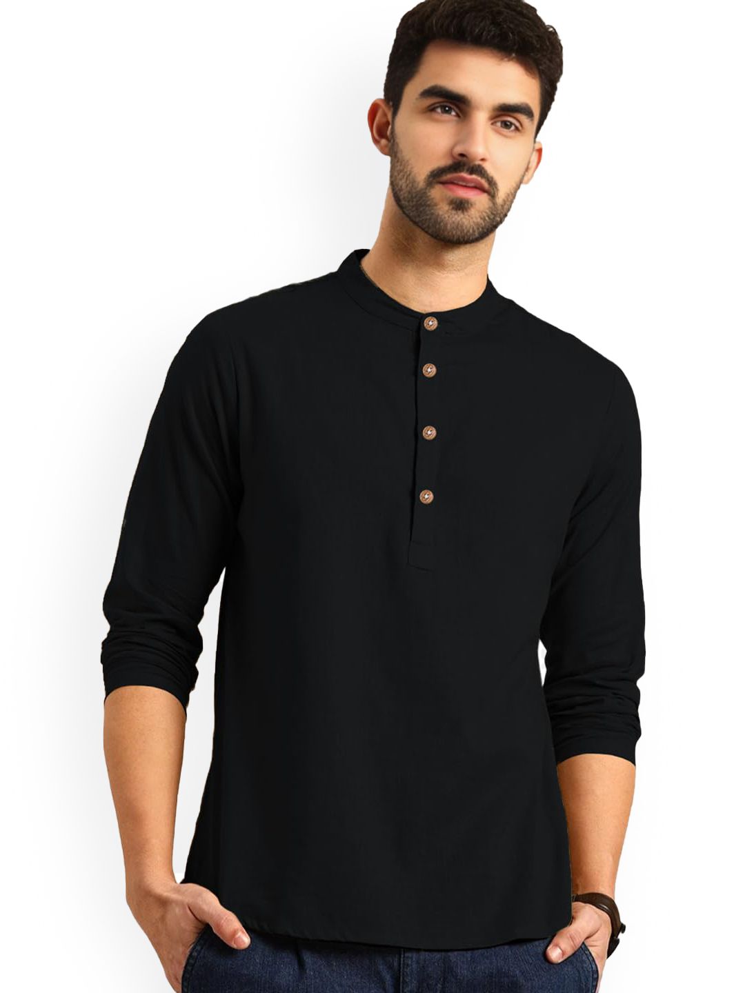 KNOWTED Men Band Collar Cotton Straight Kurta
