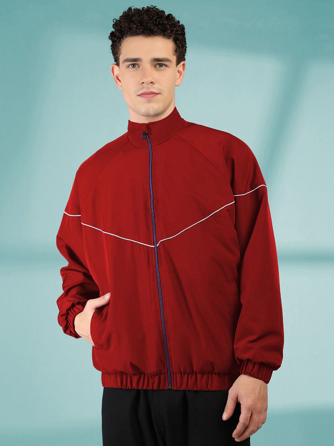 Mast & Harbour Men Stand Collar Solid Windcheater Tailored Jacket