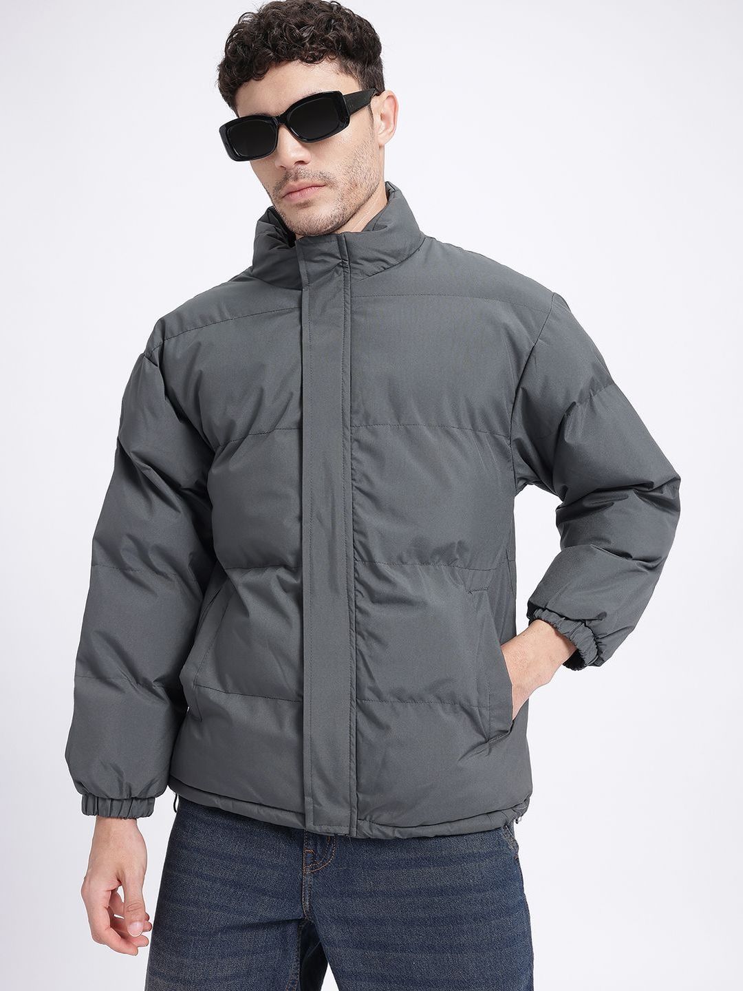 HERE&NOW Men Grey Mock Collar Puffer Jacket