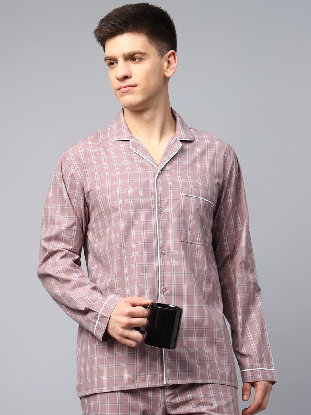 English Navy Men Wrinkle Resistant Checked Lapel Collar Night suit