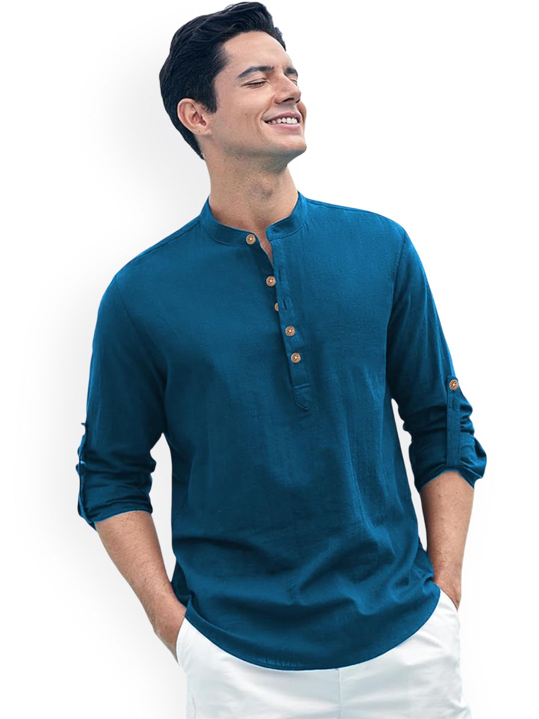 univibe Men Solid Mandarin Collar Full Sleeve Above Knee Kurta