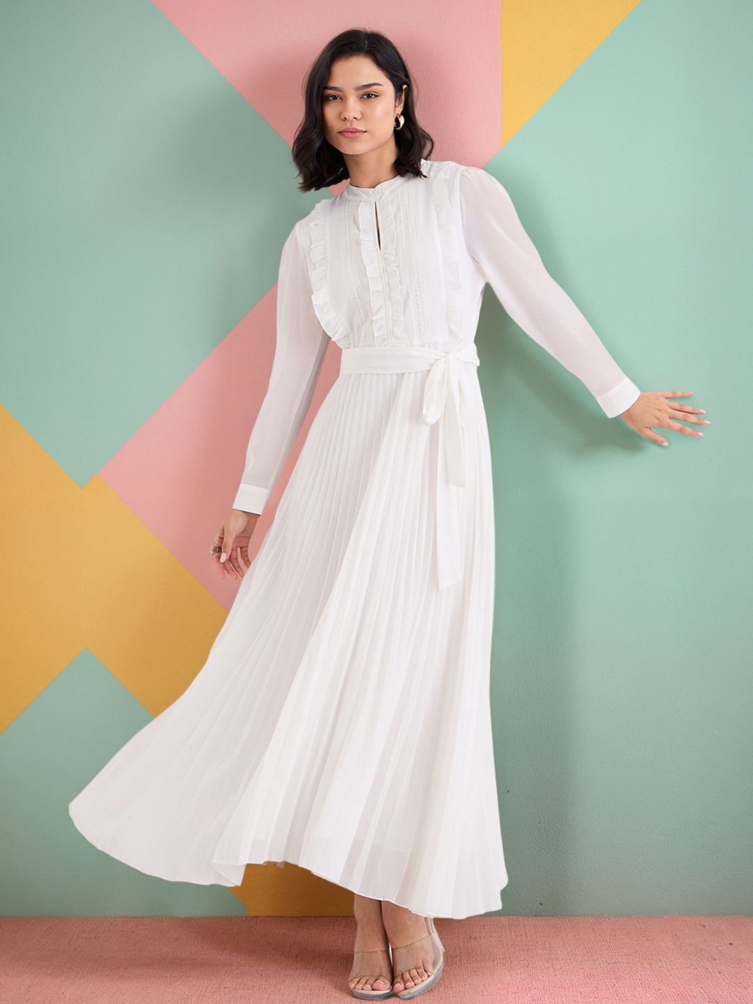 Buy Styli Women Accordion Pleated A-Line Maxi Dress with Lace