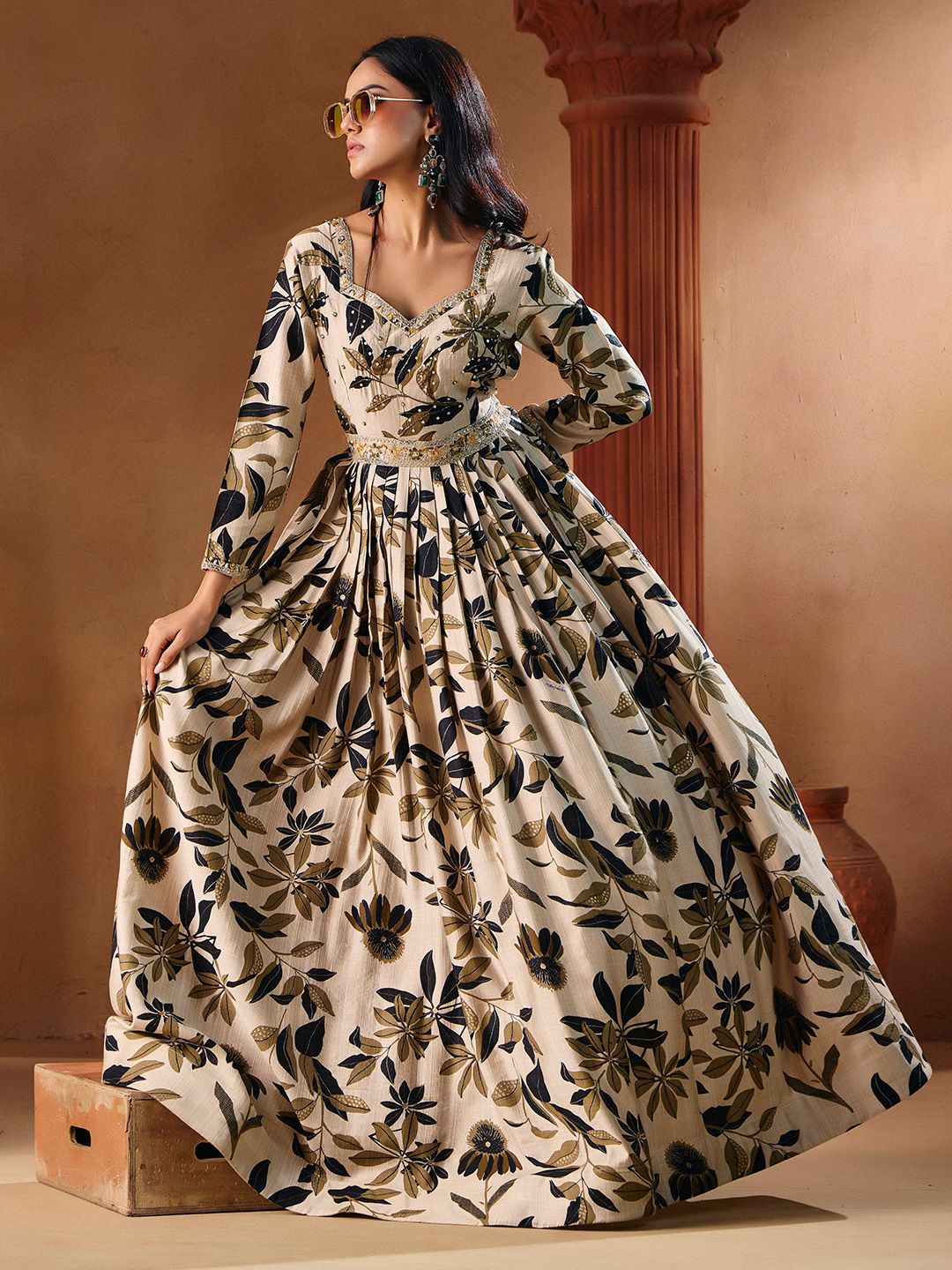 MADHURAM Floral Printed Flared Anarkali Gown Ethnic Dress