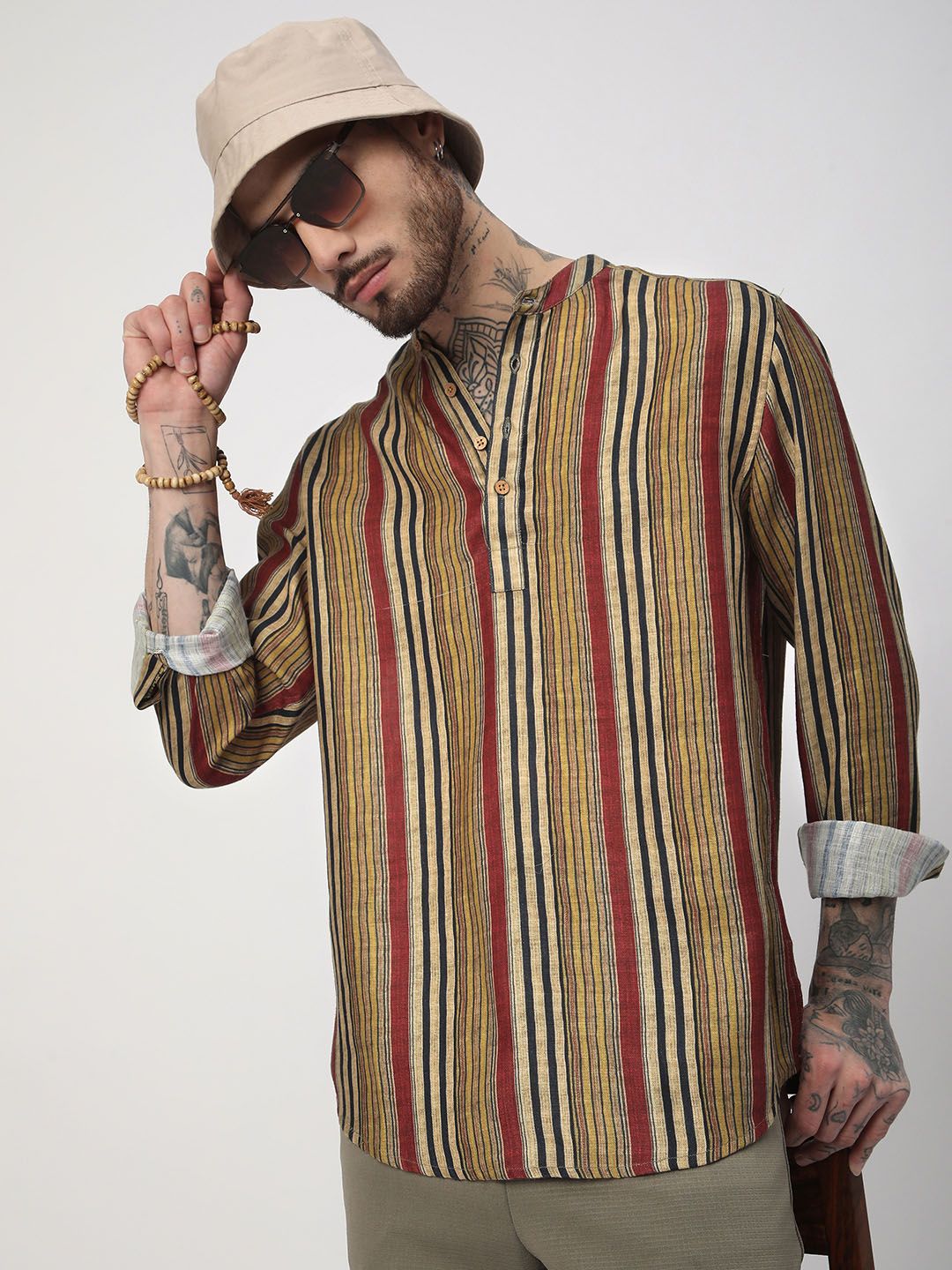 VASTRADO Multicolour Striped Band Collar Kurta