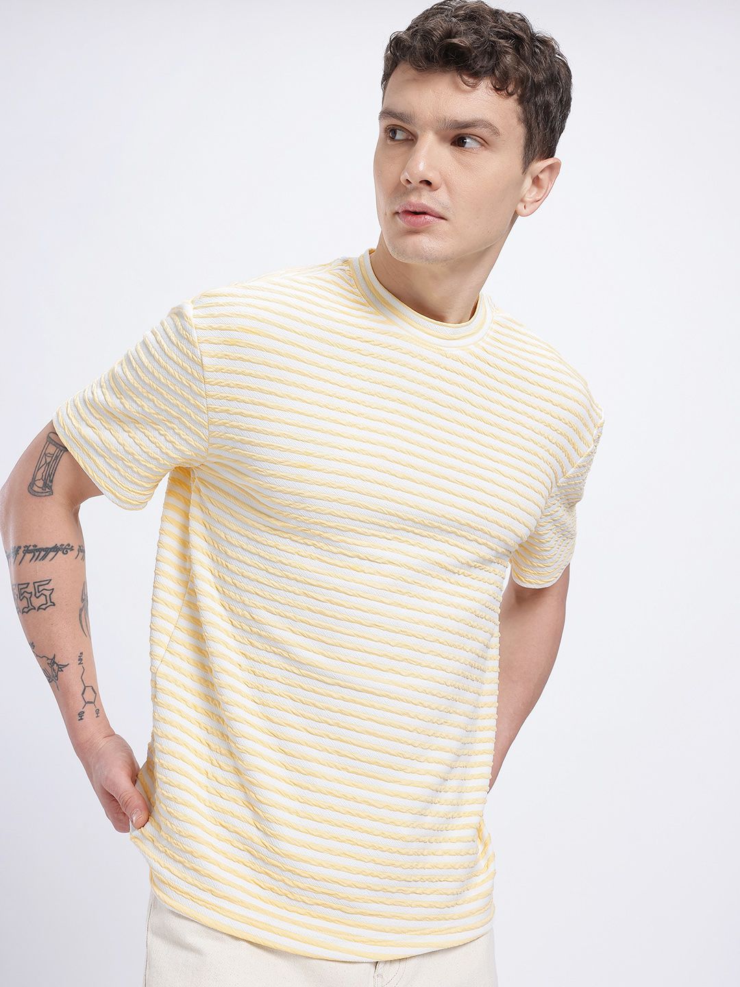 glitchez Self-Striped Relaxed Fit Seersucker T-shirt