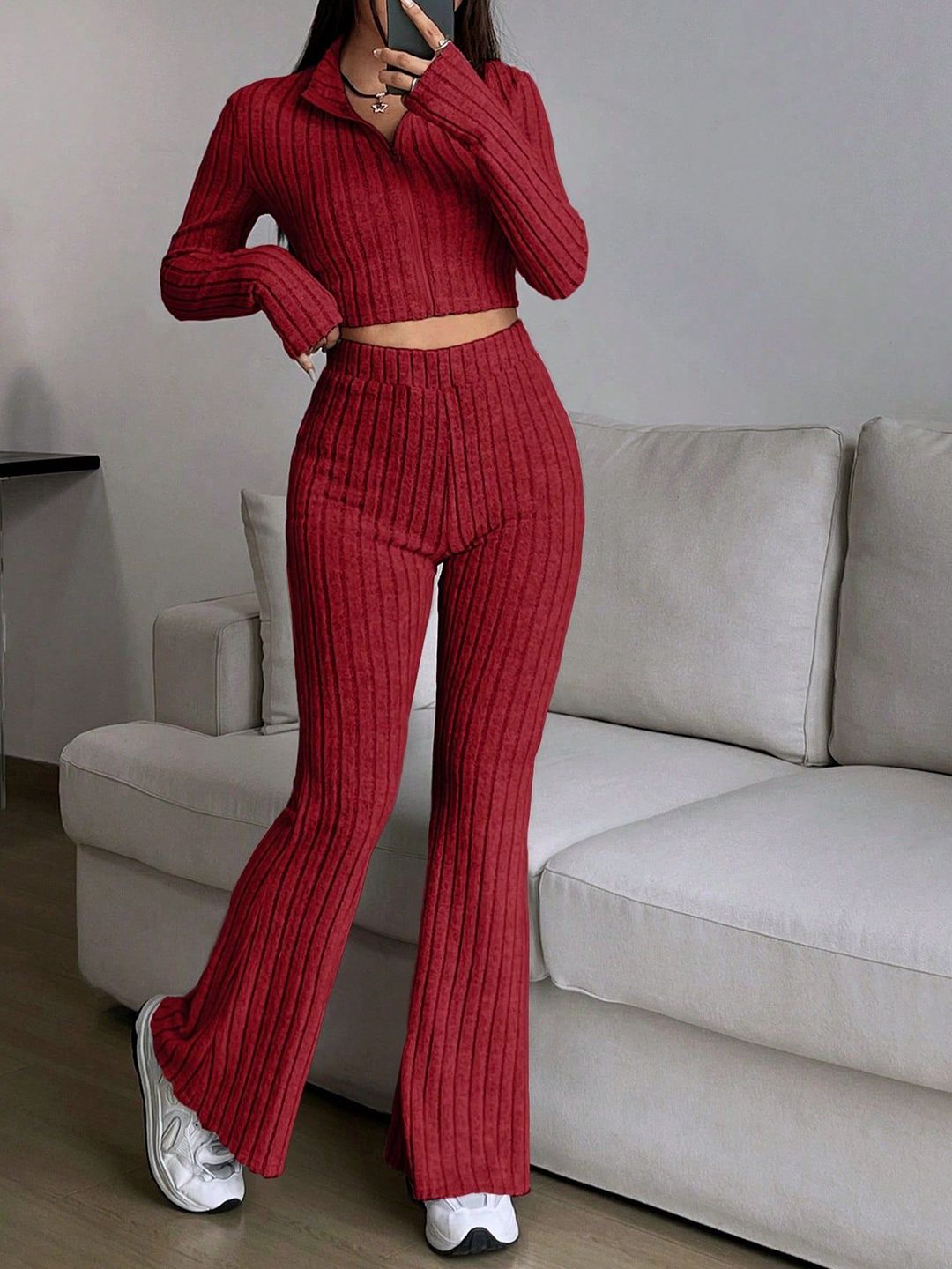 StyleCast Women Ribbed Long Sleeves Shirt Collar Top With Trouser Co-Ords