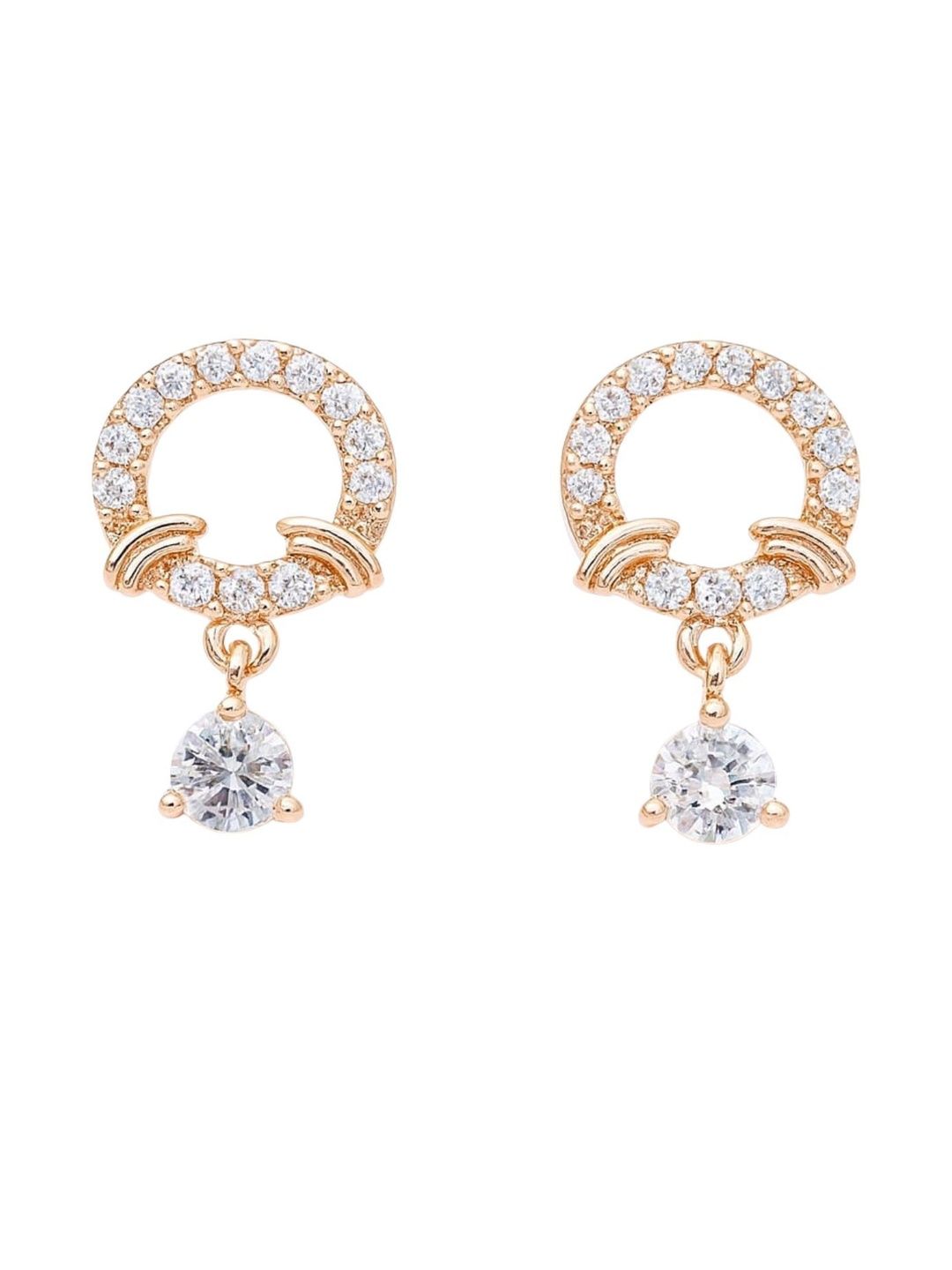 Nilu's Collection Rose Gold Plated American Diamond Studded Circular Shaped Drop Earrings