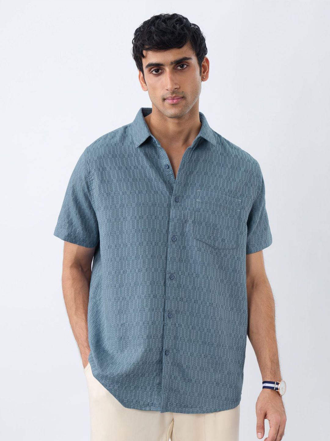 The Souled Store Arctic Ice Men Spread Collar Textured Cotton Regular Fit Shirts