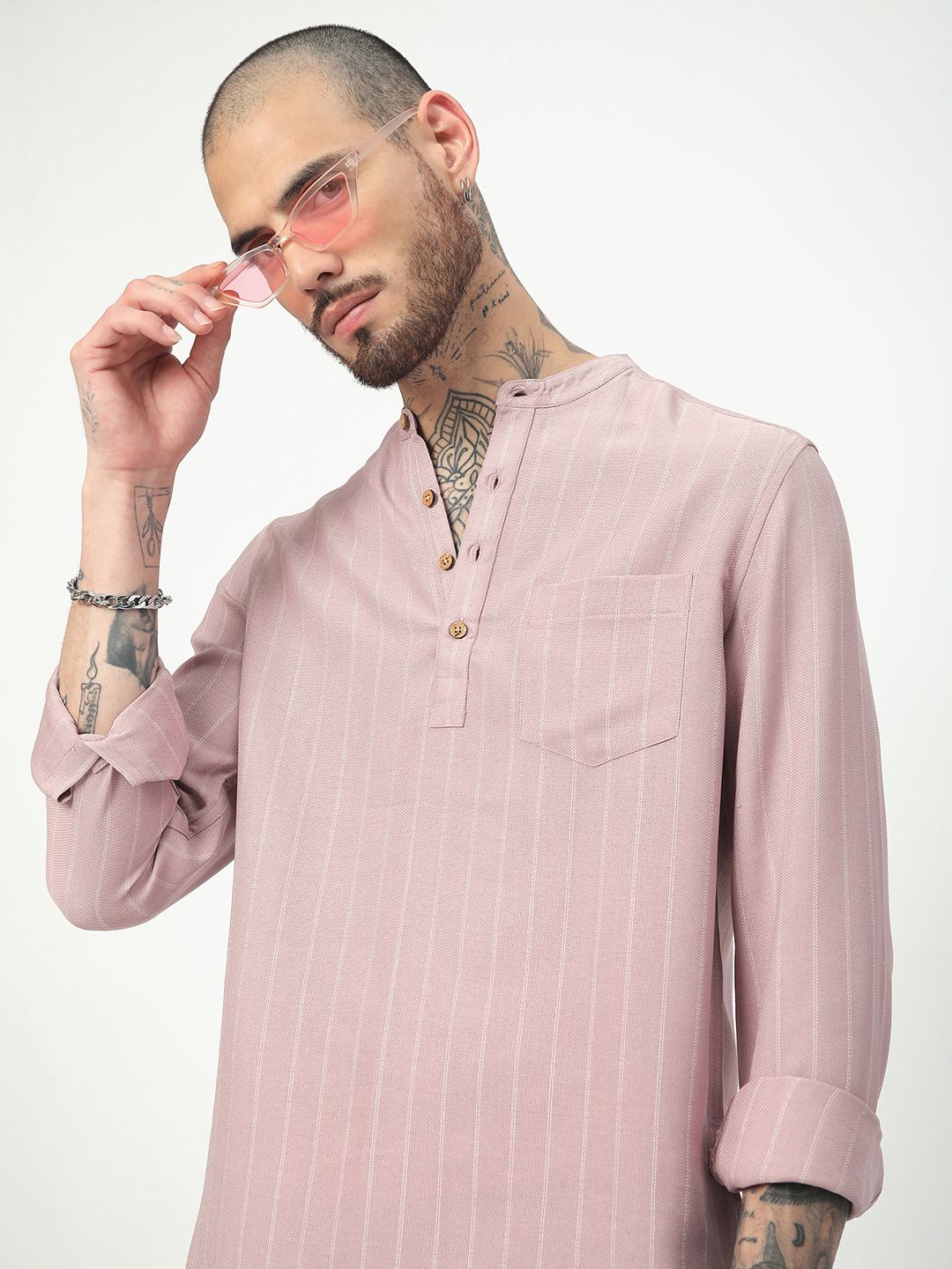 VASTRADO Pink Striped Band Collar Pure Cotton Straight Kurta