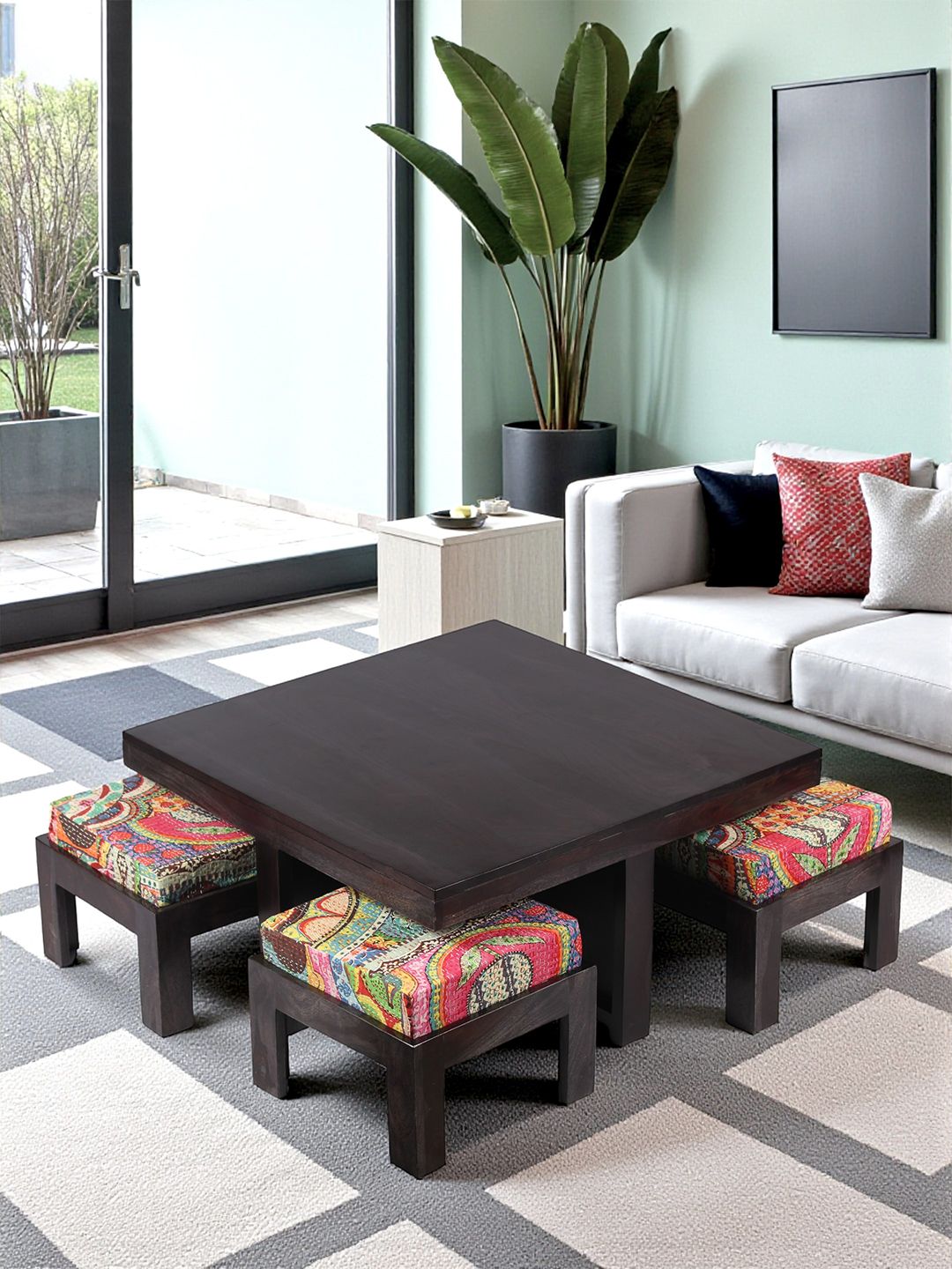 Ikiriya Ikiriya Sheesham Wood Bohemian Coffee Table Set In Dark Mahagony Finish