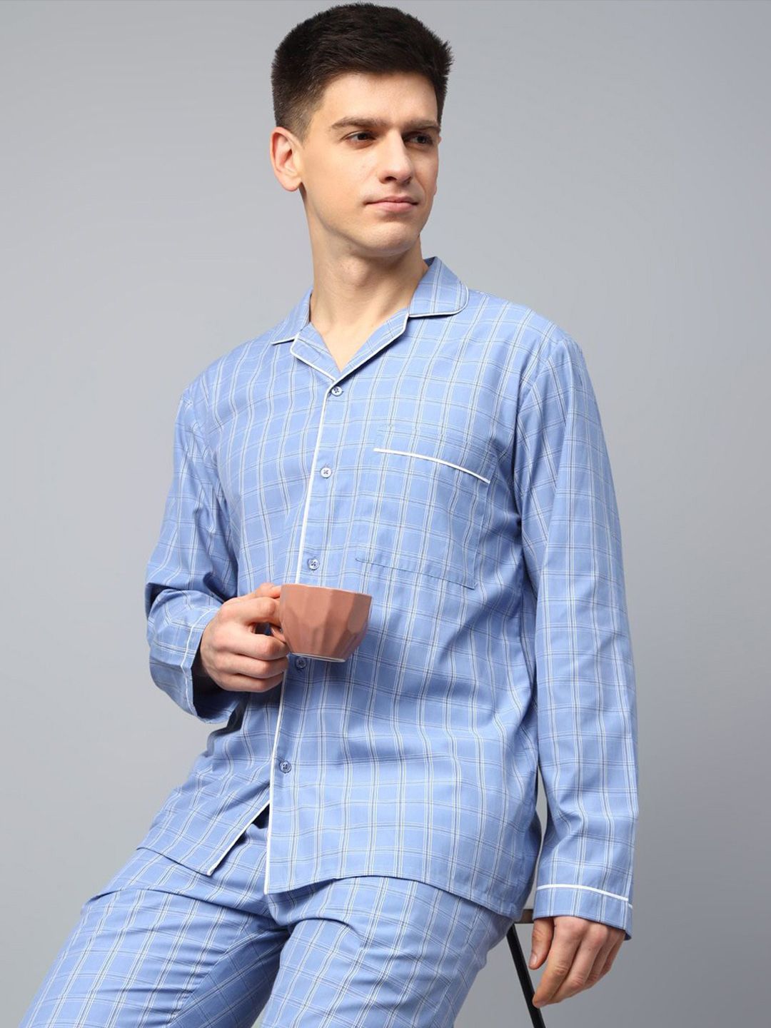 English Navy Men Wrinkle Resistant Checked Lapel Collar Night suit